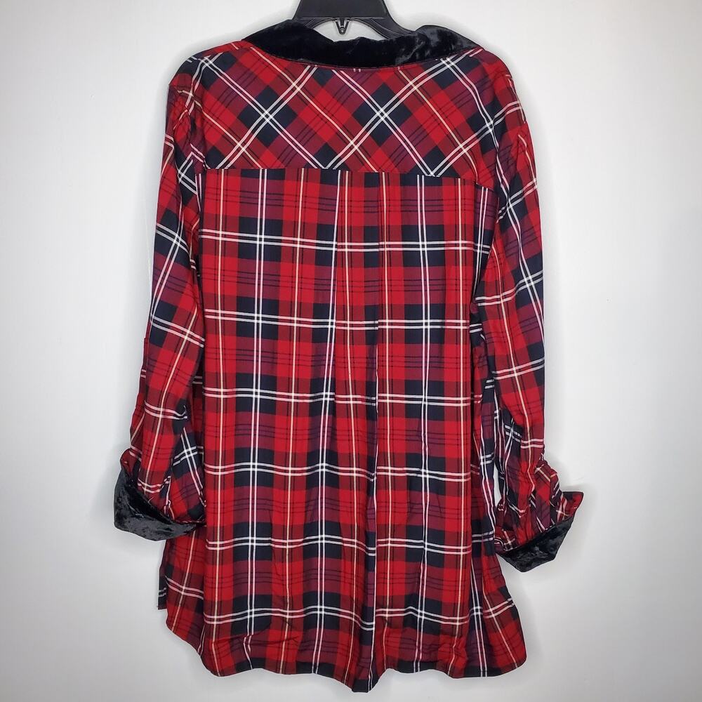John Mark Tunic Top Womens SZ OX Red Black Plaid Velvet Collar Cinched Sleeves - Picture 2 of 16